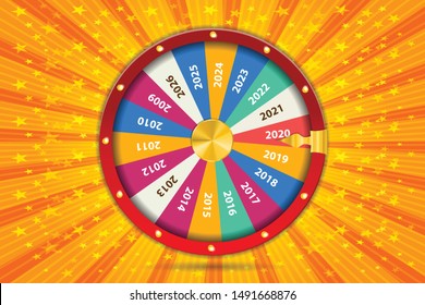 Realistic 3d spinning fortune wheel, lucky roulette Happy new year 2020 vector illustration. Abstract concept graphic gambling element