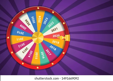 Realistic 3d spinning fortune wheel, lucky roulette Happy new year 2020 vector illustration. Abstract concept graphic gambling element