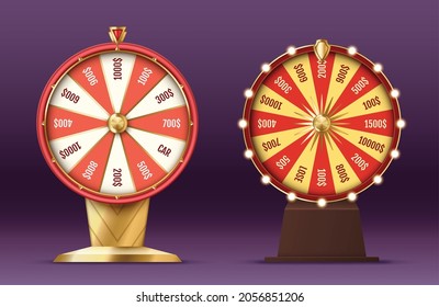 Realistic 3d spinning fortune wheel, lucky roulette with glowing lights for casino entertainment and gambling concept. Vector illustration