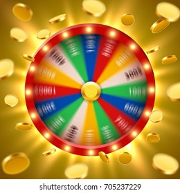 Realistic 3d Spinning Fortune Wheel With Flying Golden Coins. Lucky Roulette. Vector Illustration