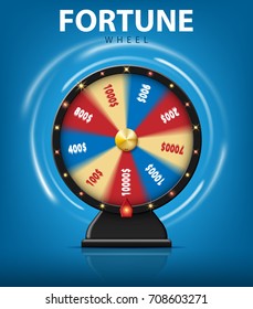 Realistic 3d spinning fortune wheel isolated on blue background. Lucky roulette for online casino. vector illustration