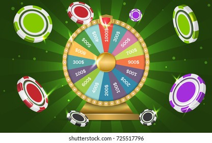Realistic 3d spinning wheel of fortune, lucky roulette with chips. Vector illustration on green pop art background.