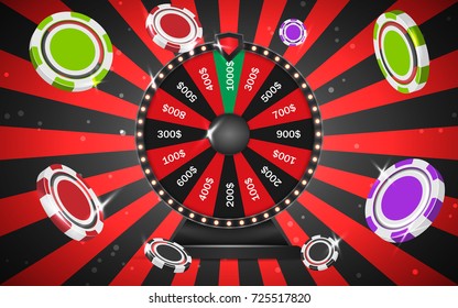 Realistic 3d spinning wheel of fortune, lucky roulette with chips. Vector illustration on red and black pop art background.