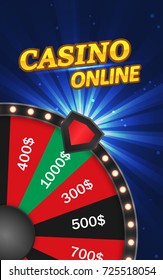 Realistic 3d spinning wheel of fortune, lucky roulette with inscription. Vector illustration on blue background.