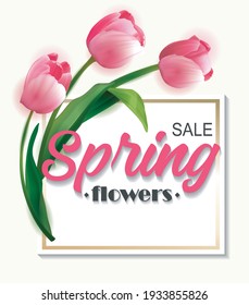Realistic 3d spring sale script lettering web banner template. Spring big sale card with tulips and serpentine.