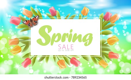 Realistic 3d spring sale script lettering web banner template. Color tulip flowers butterfly grass blue sky blue background flyer frame promotional square social poster vector illustration