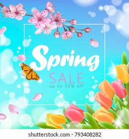 Realistic 3d spring sale script lettering web banner template. Color pink sakura cherry blossom tulip flower blue sky landscape background design shop square social poster vector illustration art