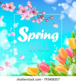 Realistic 3d spring sale script lettering web banner template. Color pink sakura cherry blossom tulip flower blue sky landscape background design shop square social poster vector illustration art