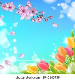 Realistic 3d spring web banner template. Color tulip flowers grass blue sky blue background flyer promotional square social poster vector illustration