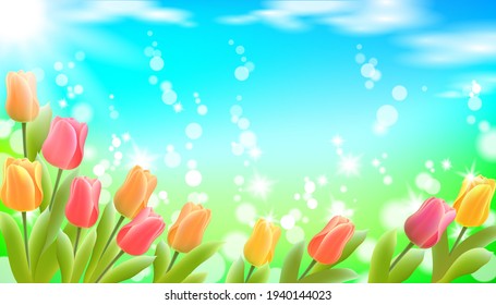 Realistic 3d spring web banner template. Color tulip flowers grass blue sky blue background flyer promotional square social poster vector illustration