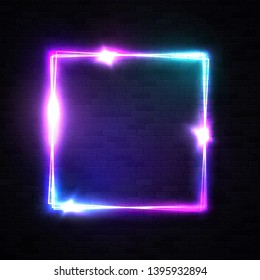 Realistic 3d square shape neon sign for decoration, covering on black brick wall background. Rectangle electric glowing frame with star sparkle light flash. Design element template vector illustration