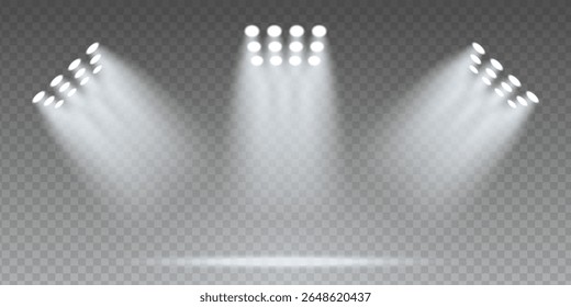 Estádio 3D realista com luzes LED brilhantes e campo de futebol iluminado. Design de fundo de evento de esporte noturno com luzes de inundação de néon e efeitos dramáticos de feixe no fundo transparente escuro.