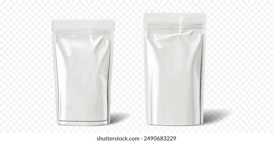 Realistic 3D Stand-Up Pouches, Product Packaging Design. Isolated Vector White Zipper Bags on Transparent Background, Symbolizing Modern and Flexible Packaging for Creative Projects