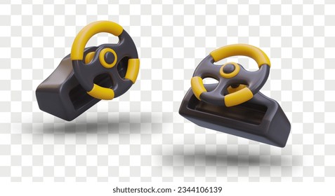 Realistic 3d steering racing wheel in different positions. Device to control car in game on computer for gamers. Driving accessories concept. Vector illustration