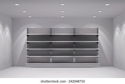 Realistic 3d store interior with empty shelves in lamp spotlights background vector illustration