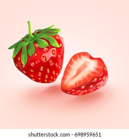 a realistic 3d strawberry fruit, split in half illustration isolated on light red background