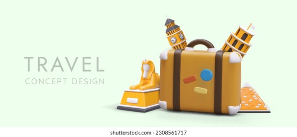 Realistic 3d suitcase with colored stickers, Big Ben, Pyramid, Leaning Tower of Pisa and Sphinx. Web page, advertising poster for travel company with place for text. Colorful vector illustration