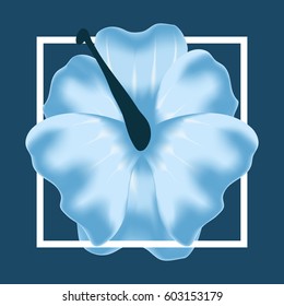 Realistic 3d summer flower on blue background with white frame. hibiscus or chinese rose for poster or greeting card