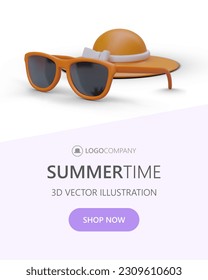Realistic 3d sunglasses, hat and purple button shop now. Landing page for online store, sale hats and headwear with place for logo and text. Vector illustration in orange color with gray background