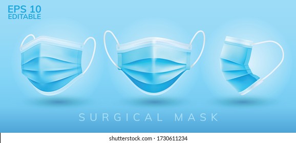 Realistic 3D Surgical Mask In Vector Isolated With Three Angles