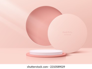 Realistic 3D sweet pink, white cylinder pedestal podium with round circle window background. Valentine concept. Abstract minimal scene mockup products display. Stage showcase. Vector geometric forms.
