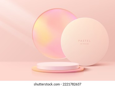 Realistic 3D sweet pink, white cylinder pedestal podium with round circle window background. Valentine concept. Abstract minimal scene mockup products display. Stage showcase. Vector geometric forms.