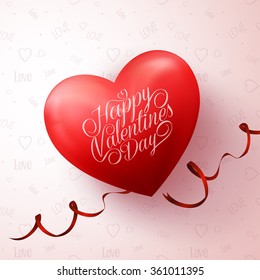 Realistic 3D Sweet Red Heart with Happy Valentines Day Greetings in Love Pattern Background. Vector Illustration
