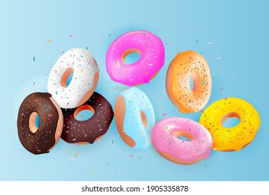 Realistic 3d sweet tasty donut background. Can be used for dessert menu, poster, card. Vector illustration