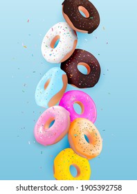 Realistic 3d sweet tasty donut background. Can be used for dessert menu, poster, card. Vector illustration