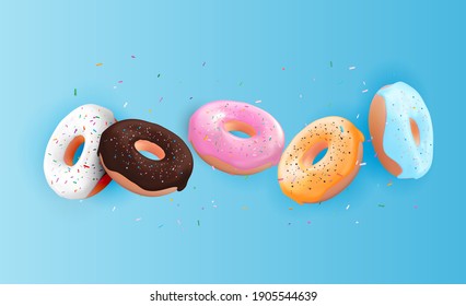 Realistic 3d sweet tasty donut background. Can be used for dessert menu, poster, card. Vector illustration