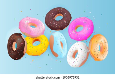 Realistisches 3D-leckeres, schmackhaftes Donut-Hintergrund. Kann für Dessertmenü, Poster, Karte verwendet werden. Vektorgrafik