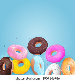 Realistic 3d sweet tasty donut background. Can be used for dessert menu, poster, card. Vector illustration