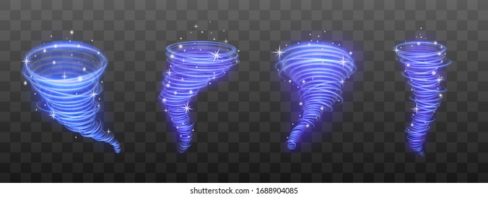 Realistic 3d Swirl Of Hurricane And Tornado, Cyclone And Storm With Wind, A Glowing Blue Whirlwind With Sparks. Isolated Set Of Vector Illustrations Of Tornado On A Transparent Background.