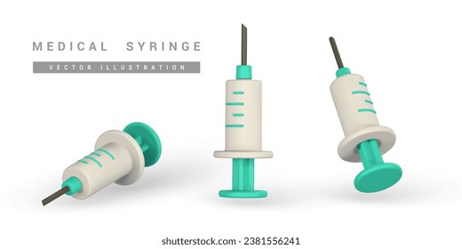 Realistic 3d syringe. Disposable equipment for injections. Medical device for vaccination. Isolated vector object. Vector illustration.