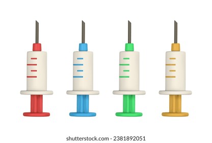 Realistic 3d syringe. Disposable equipment for injections. Medical device for vaccination. Isolated vector object. Vector illustration.