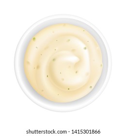 Realistic 3d Tartar Sauce In A Round Bowl. Creamy Tartare Sauce Isolated On White Background. Mayonnaise Condiment For Fish In Ramekin. Top View, Realism. Vector Design Illustration
