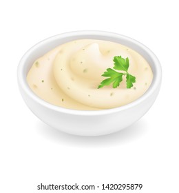 Realistic 3d Tartar Sauce In A Round Bowl. Creamy Tartare Sauce Isolated On White Background. Mayonnaise Condiment For Fish In Ramekin With Parsley. Side View, Realism. Vector Design Illustration