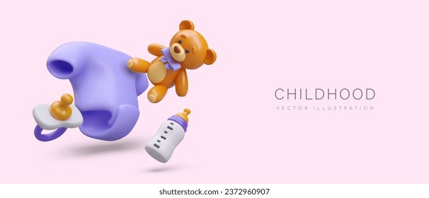 Realistic 3d teddy bear, baby bottle, bodysuit, and pacifier. Happy childhood concept. Products for newborn baby. Vector illustration in purple colors with place for text