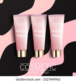 Realistic 3D template design cosmetics packaging. Tube cream is a bright, fashionable, youthful background, a top view. Advertising of fashionable cosmetics.