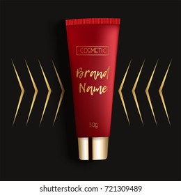 Realistic 3D template design cosmetics packaging. Tube cream is a bright, fashionable, youthful background, a top view. Advertising of fashionable cosmetics. Vector illustration.