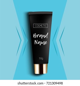 Realistic 3D template design cosmetics packaging. Tube cream is a bright, fashionable, youthful background, a top view. Advertising of fashionable cosmetics. Vector illustration.