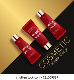 Embalaje cosmético de diseño 3D realista. La crema de tubo es un fondo alegre, moderno, juvenil, con una vista superior. Publicidad de cosméticos de moda. Ilustración vectorial.