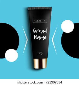Realistic 3D template design cosmetics packaging. Tube cream is a bright, fashionable, youthful background, a top view. Advertising of fashionable cosmetics. Vector illustration.