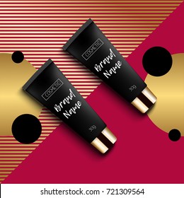 Realistic 3D template design cosmetics packaging. Tube cream is a bright, fashionable, youthful background, a top view. Advertising of fashionable cosmetics. Vector illustration.