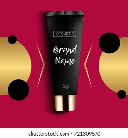 Realistic 3D template design cosmetics packaging. Tube cream is a bright, fashionable, youthful background, a top view. Advertising of fashionable cosmetics. Vector illustration.