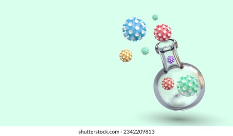 Realistic 3d test tube and bacteria  Equipment for laboratory concept  Medical research   tests concept  Med tubes and viruses  Vector illustration and place for text