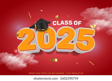 Realistic 3d text effect for class of 2025 graduation with red gradient background