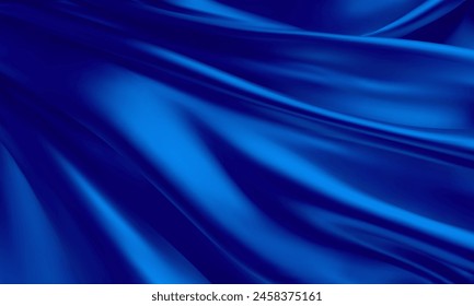 Realistic 3D Texture of Blue Silk Background. Vector texture of silk natural fabric in royal, expensive, luxury color with smooth pleats