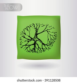 Realistic 3d throw pillow with black treetop print on a green background. Apartment interior design element. Cushion isolated on a light background.