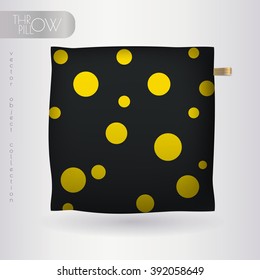 Realistic 3d throw pillow model with yellow dot on black pattern. Apartment interior design element. One of cushions collection isolated on a light background.